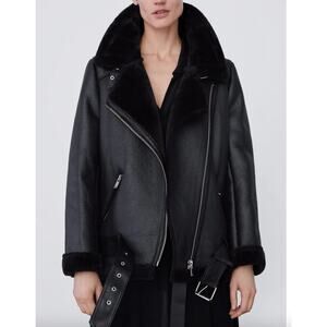 Double Faced Black Faux Leather Shearling Festival Moto Biker Jacket Size XS